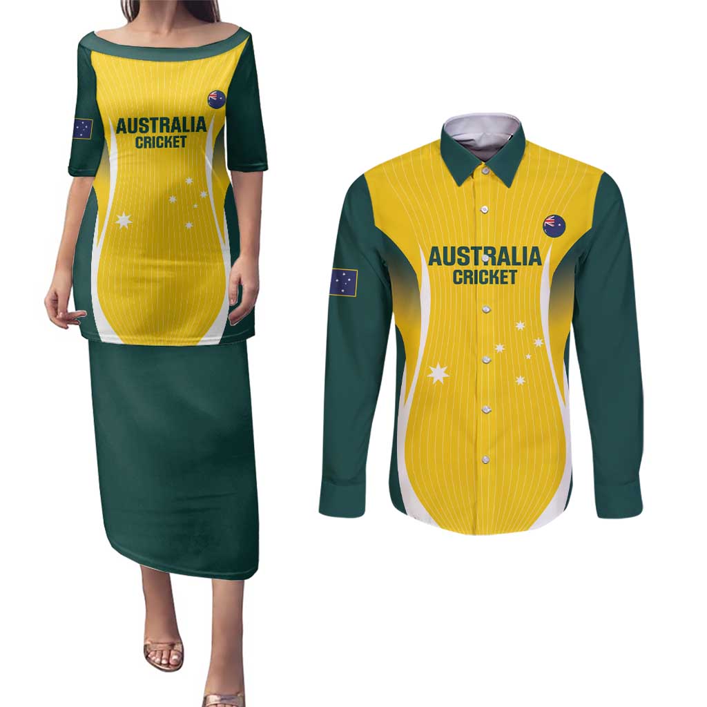Custom Australia Cricket Couples Matching Puletasi and Long Sleeve Button Shirt Go Champions Aussie