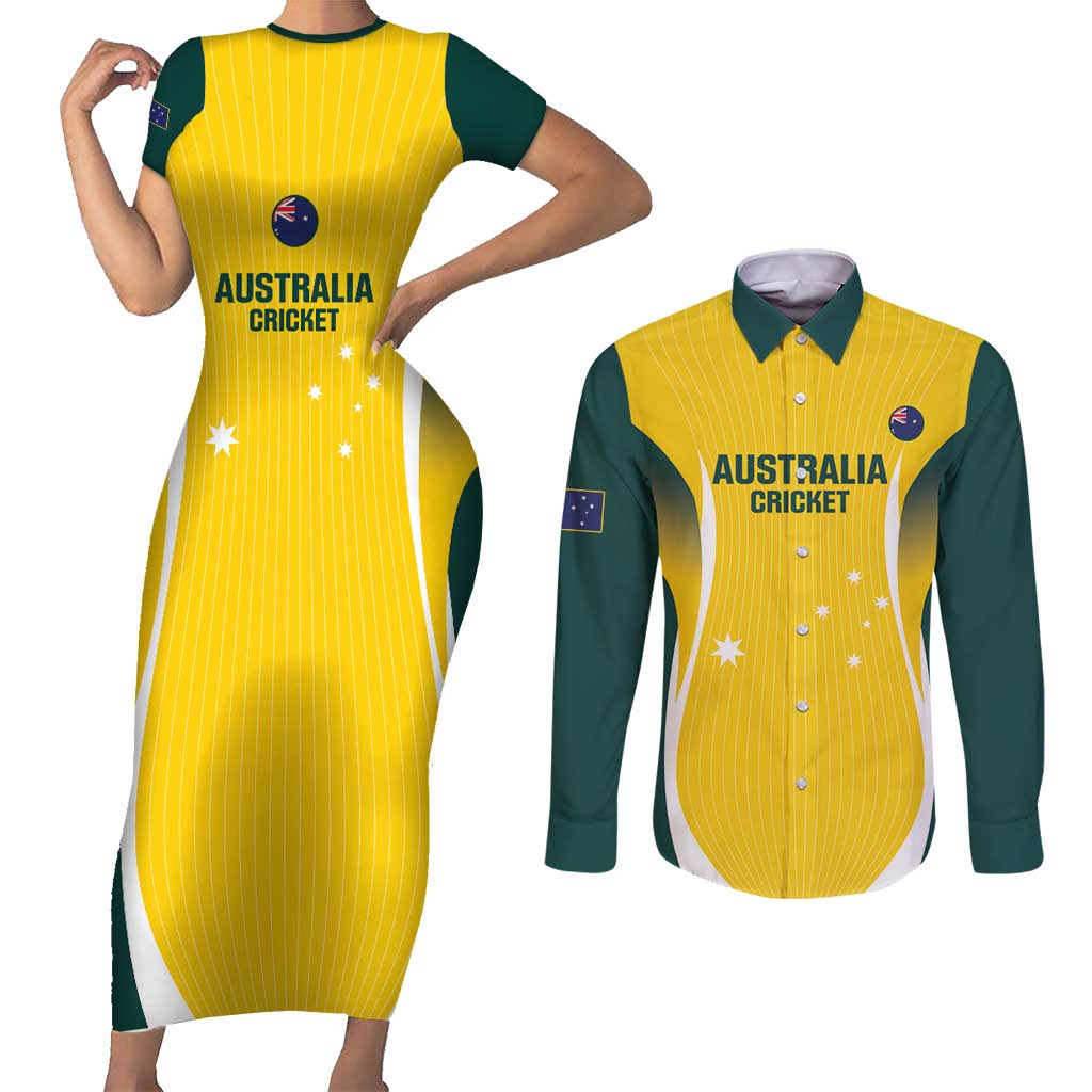 Custom Australia Cricket Couples Matching Short Sleeve Bodycon Dress and Long Sleeve Button Shirt Go Champions Aussie
