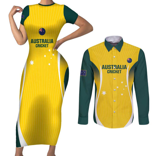 Custom Australia Cricket Couples Matching Short Sleeve Bodycon Dress and Long Sleeve Button Shirt Go Champions Aussie