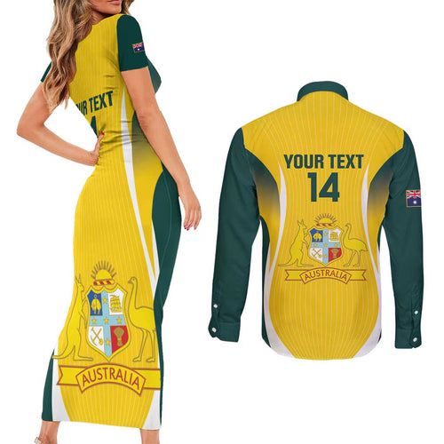Custom Australia Cricket Couples Matching Short Sleeve Bodycon Dress and Long Sleeve Button Shirt Go Champions Aussie