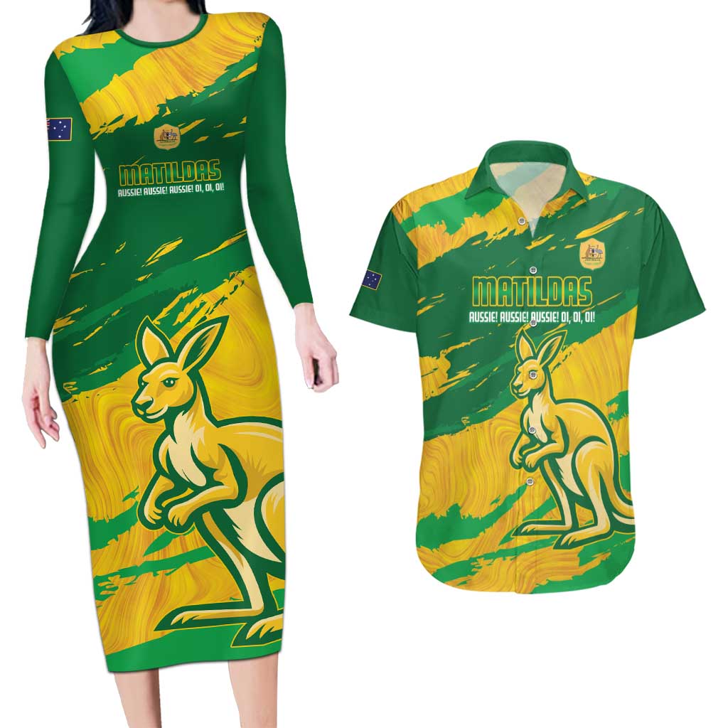 Custom Australia Soccer Couples Matching Long Sleeve Bodycon Dress and Hawaiian Shirt 2025 Go Matildas Marble Grunge Style