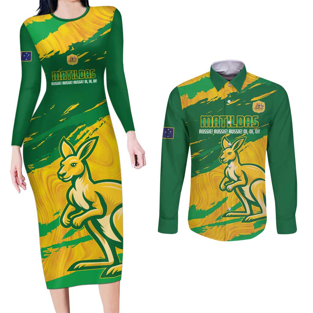 Custom Australia Soccer Couples Matching Long Sleeve Bodycon Dress and Long Sleeve Button Shirt 2025 Go Matildas Marble Grunge Style