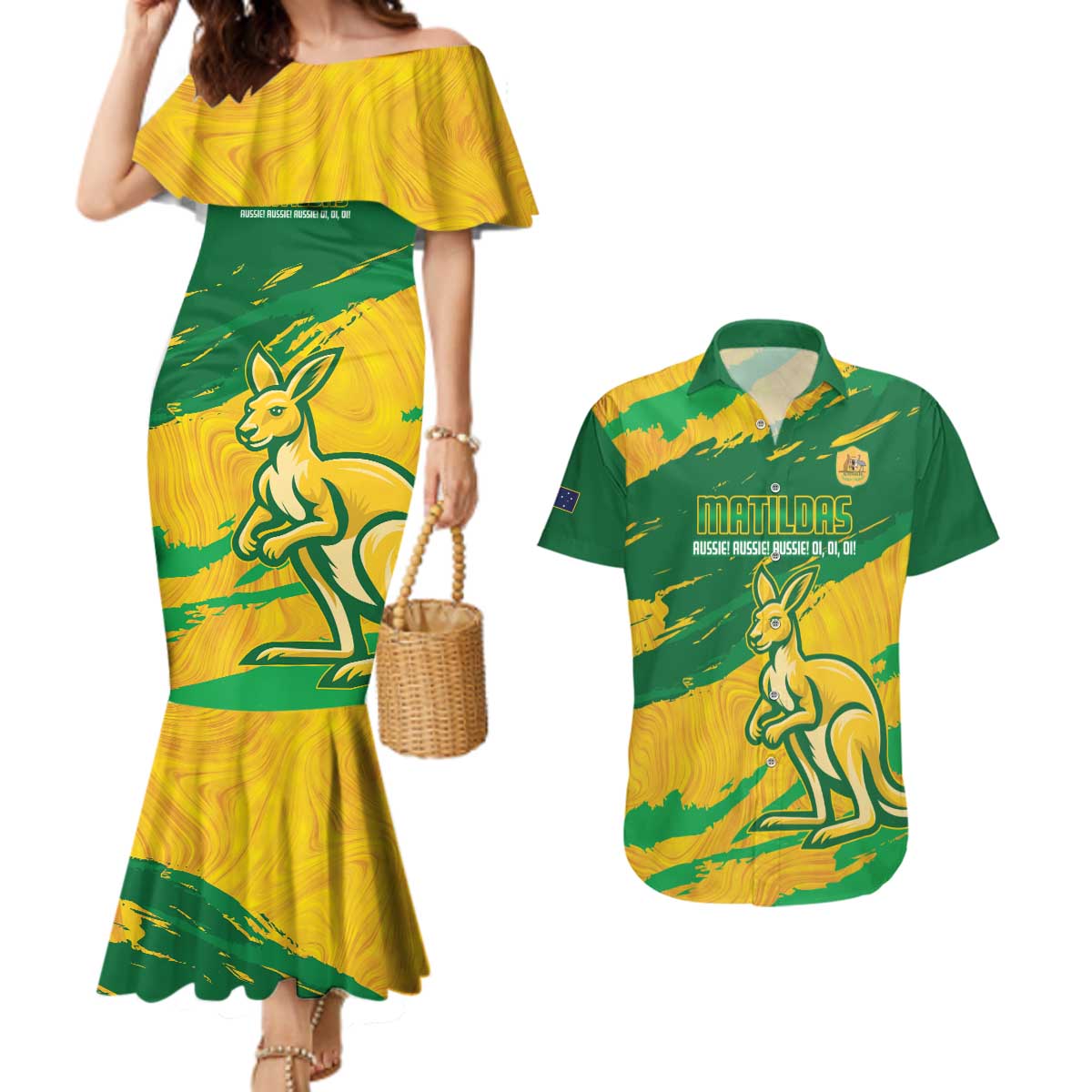 Custom Australia Soccer Couples Matching Mermaid Dress and Hawaiian Shirt 2025 Go Matildas Marble Grunge Style