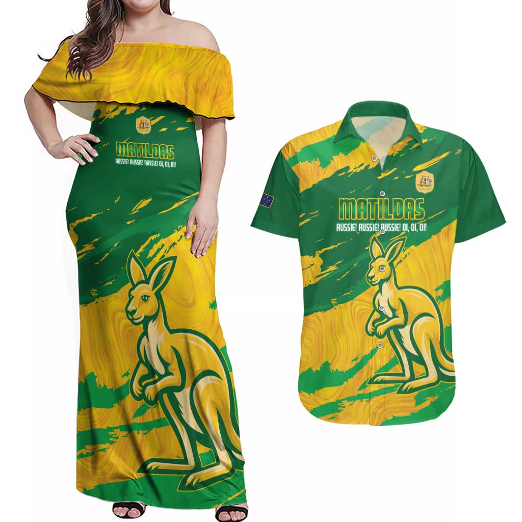 Custom Australia Soccer Couples Matching Off Shoulder Maxi Dress and Hawaiian Shirt 2025 Go Matildas Marble Grunge Style