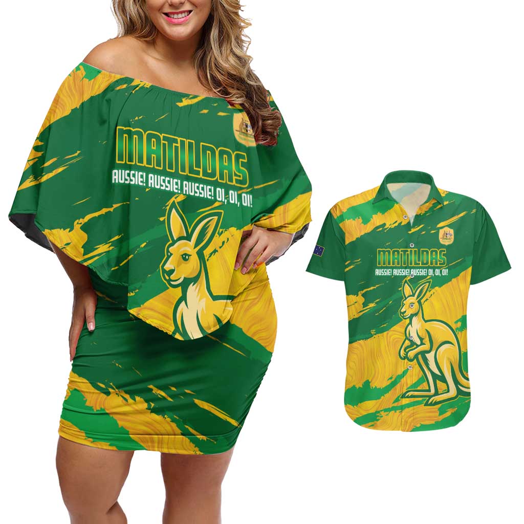 Custom Australia Soccer Couples Matching Off Shoulder Short Dress and Hawaiian Shirt 2025 Go Matildas Marble Grunge Style
