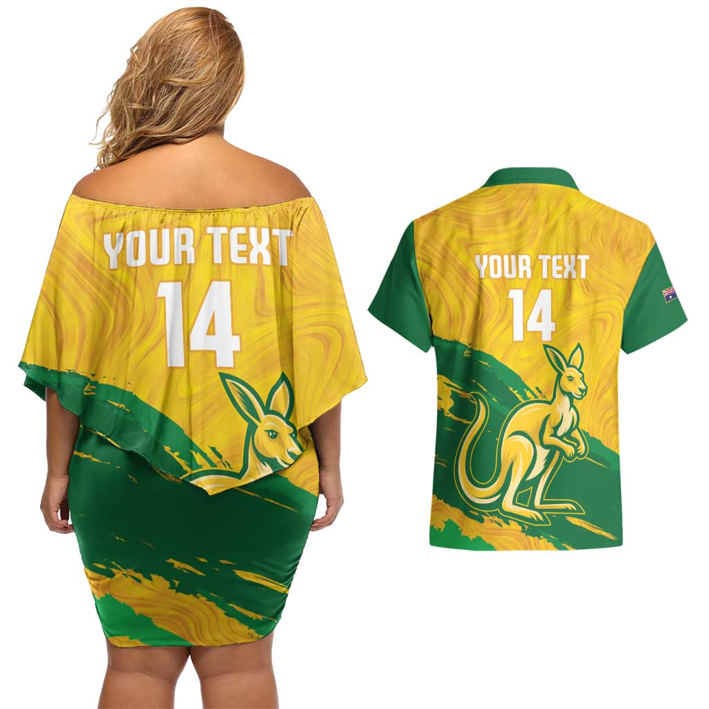 Custom Australia Soccer Couples Matching Off Shoulder Short Dress and Hawaiian Shirt 2025 Go Matildas Marble Grunge Style