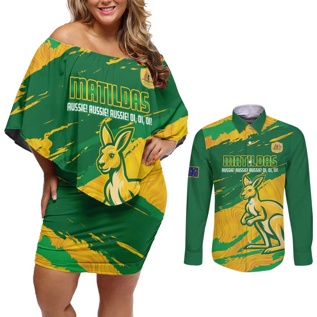 Custom Australia Soccer Couples Matching Off Shoulder Short Dress and Long Sleeve Button Shirt 2025 Go Matildas Marble Grunge Style