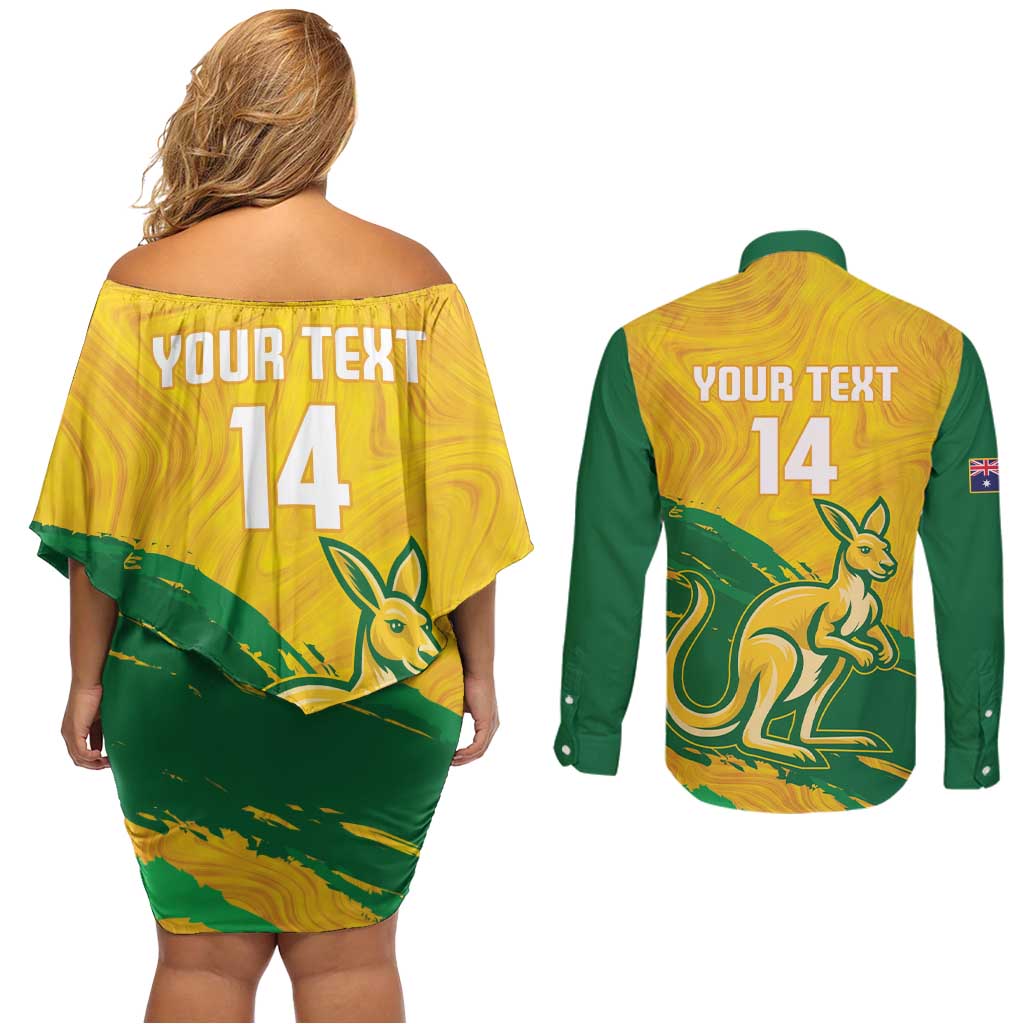 Custom Australia Soccer Couples Matching Off Shoulder Short Dress and Long Sleeve Button Shirt 2025 Go Matildas Marble Grunge Style