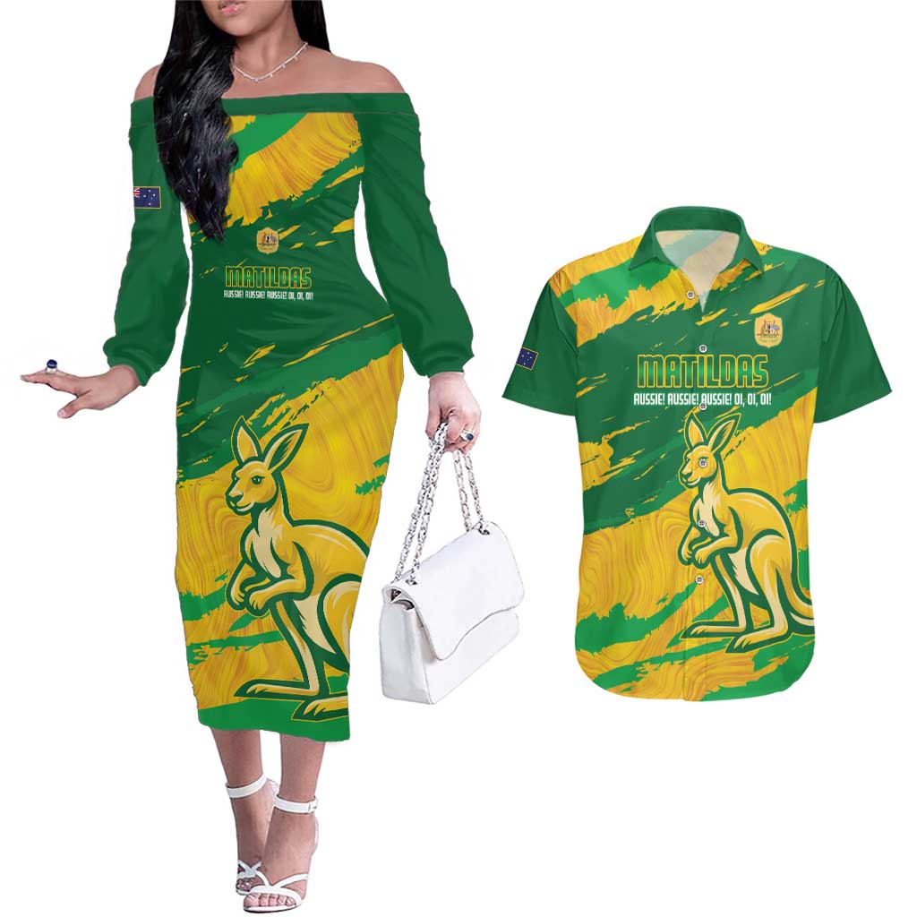 Custom Australia Soccer Couples Matching Off The Shoulder Long Sleeve Dress and Hawaiian Shirt 2025 Go Matildas Marble Grunge Style