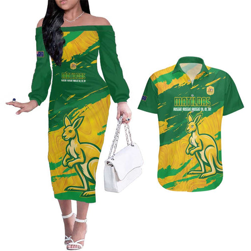 Custom Australia Soccer Couples Matching Off The Shoulder Long Sleeve Dress and Hawaiian Shirt 2025 Go Matildas Marble Grunge Style