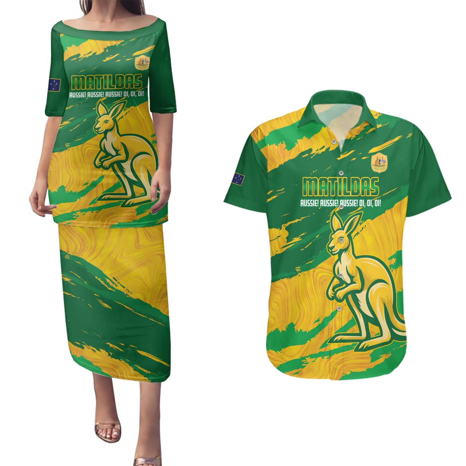 Custom Australia Soccer Couples Matching Puletasi and Hawaiian Shirt 2025 Go Matildas Marble Grunge Style