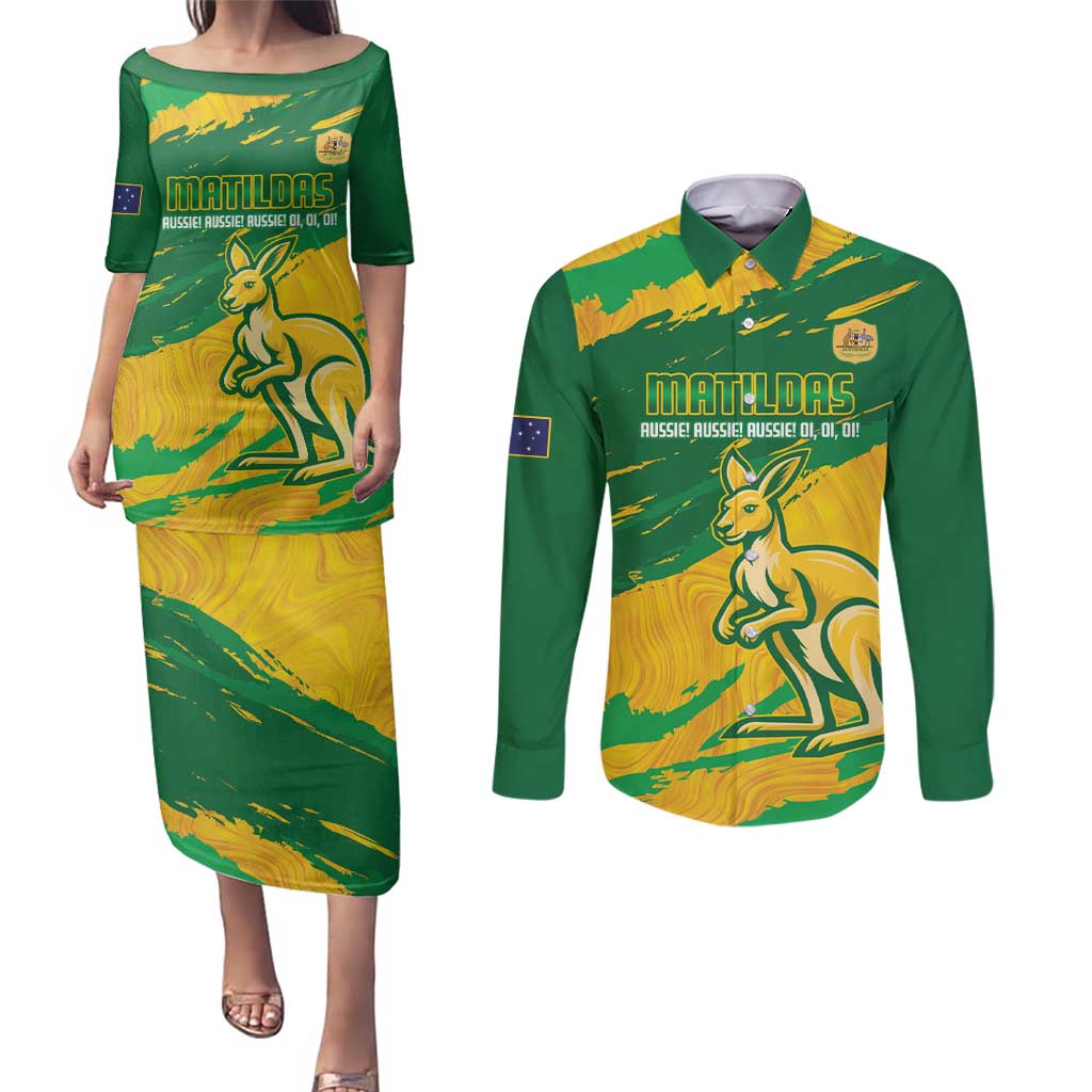 Custom Australia Soccer Couples Matching Puletasi and Long Sleeve Button Shirt 2025 Go Matildas Marble Grunge Style