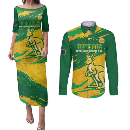 Custom Australia Soccer Couples Matching Puletasi and Long Sleeve Button Shirt 2025 Go Matildas Marble Grunge Style