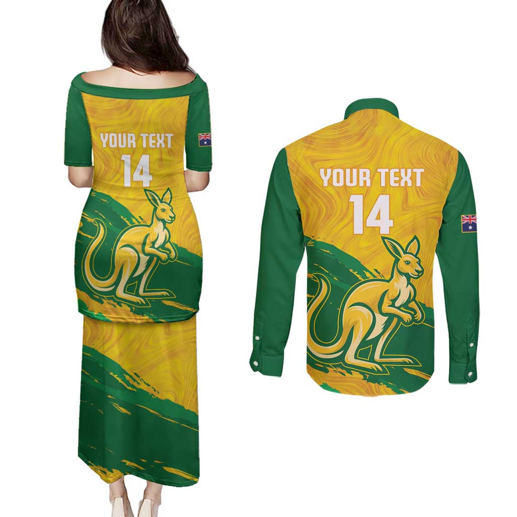 Custom Australia Soccer Couples Matching Puletasi and Long Sleeve Button Shirt 2025 Go Matildas Marble Grunge Style