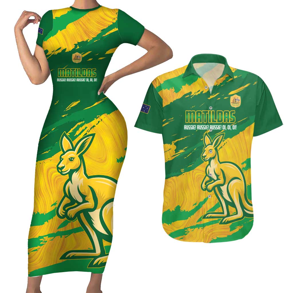 Custom Australia Soccer Couples Matching Short Sleeve Bodycon Dress and Hawaiian Shirt 2025 Go Matildas Marble Grunge Style