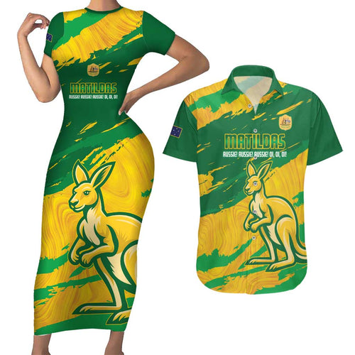 Custom Australia Soccer Couples Matching Short Sleeve Bodycon Dress and Hawaiian Shirt 2025 Go Matildas Marble Grunge Style