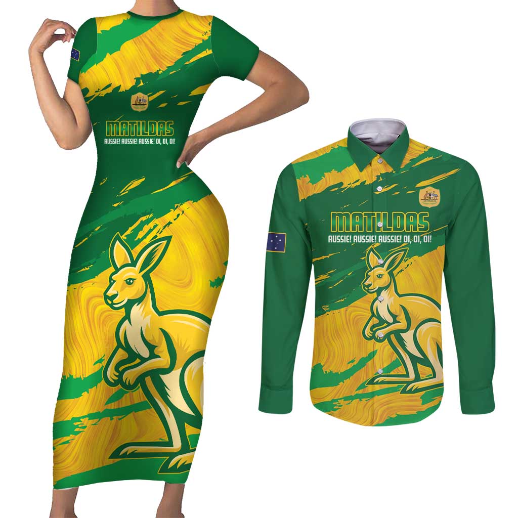 Custom Australia Soccer Couples Matching Short Sleeve Bodycon Dress and Long Sleeve Button Shirt 2025 Go Matildas Marble Grunge Style
