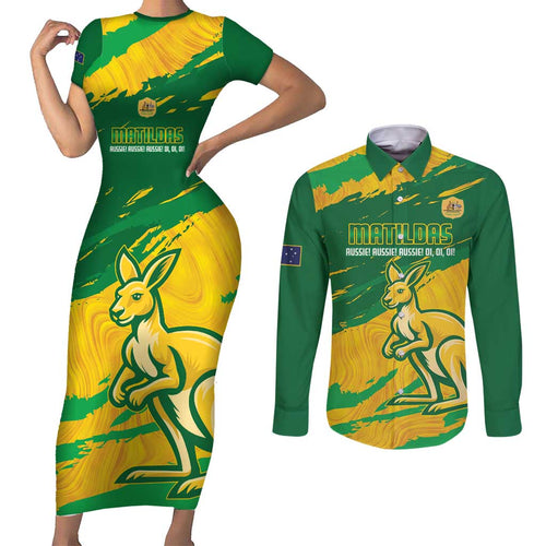 Custom Australia Soccer Couples Matching Short Sleeve Bodycon Dress and Long Sleeve Button Shirt 2025 Go Matildas Marble Grunge Style