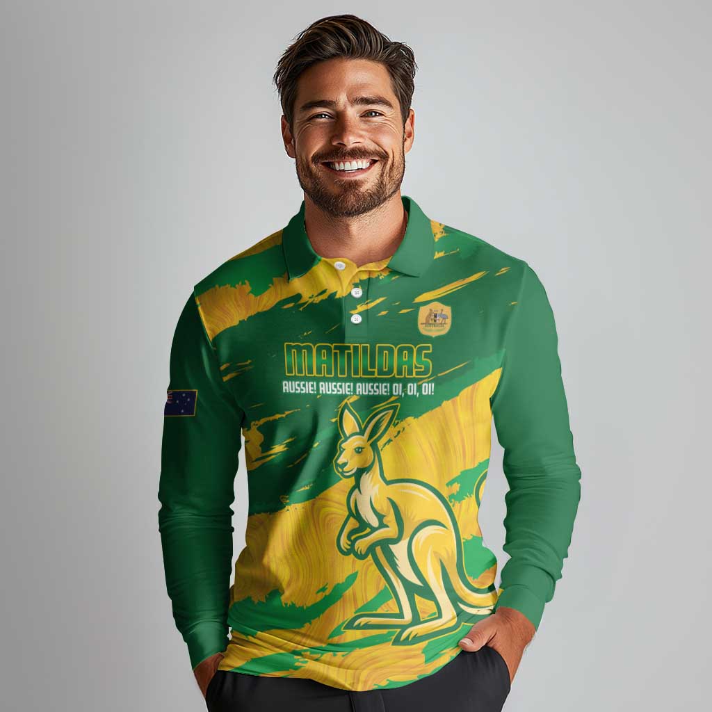 Custom Australia Soccer Long Sleeve Polo Shirt 2025 Go Matildas Marble Grunge Style