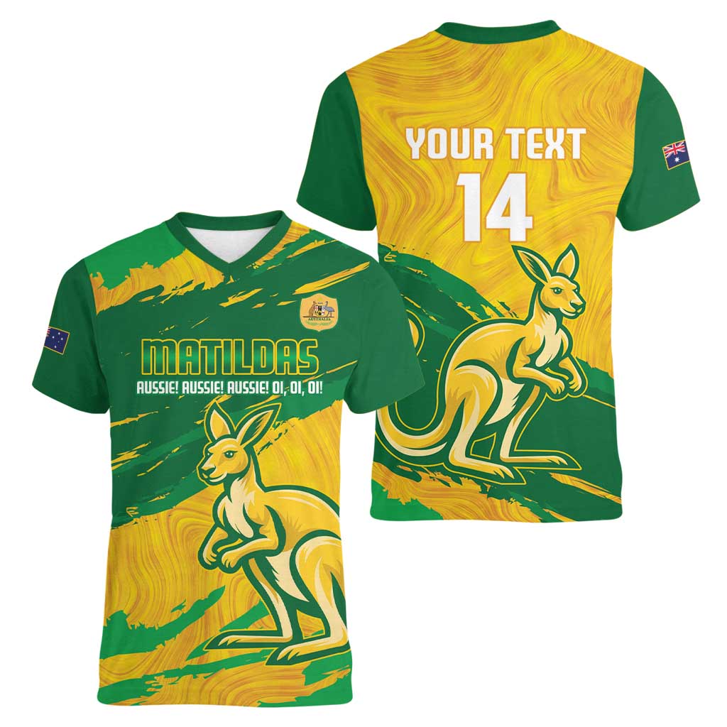 Custom Australia Soccer Women V-Neck T-Shirt 2025 Go Matildas Marble Grunge Style