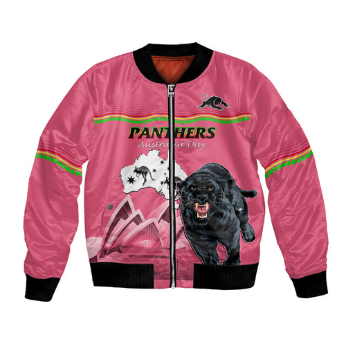 Custom Australia Day Panthers Bomber Jacket NRL 2024 Sydney Opera House With Map - Pink