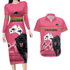Custom Australia Day Panthers Couples Matching Long Sleeve Bodycon Dress and Hawaiian Shirt NRL 2024 Sydney Opera House With Map - Pink