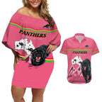 Custom Australia Day Panthers Couples Matching Off Shoulder Short Dress and Hawaiian Shirt NRL 2024 Sydney Opera House With Map - Pink