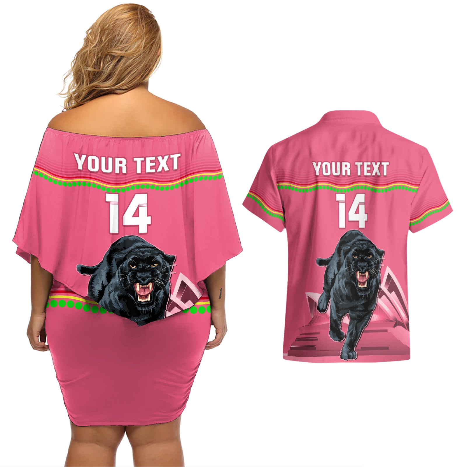 Custom Australia Day Panthers Couples Matching Off Shoulder Short Dress and Hawaiian Shirt NRL 2024 Sydney Opera House With Map - Pink