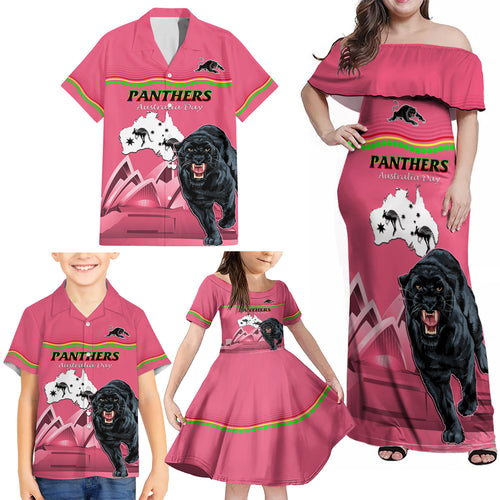 Custom Australia Day Panthers Family Matching Off Shoulder Maxi Dress and Hawaiian Shirt NRL 2024 Sydney Opera House With Map - Pink