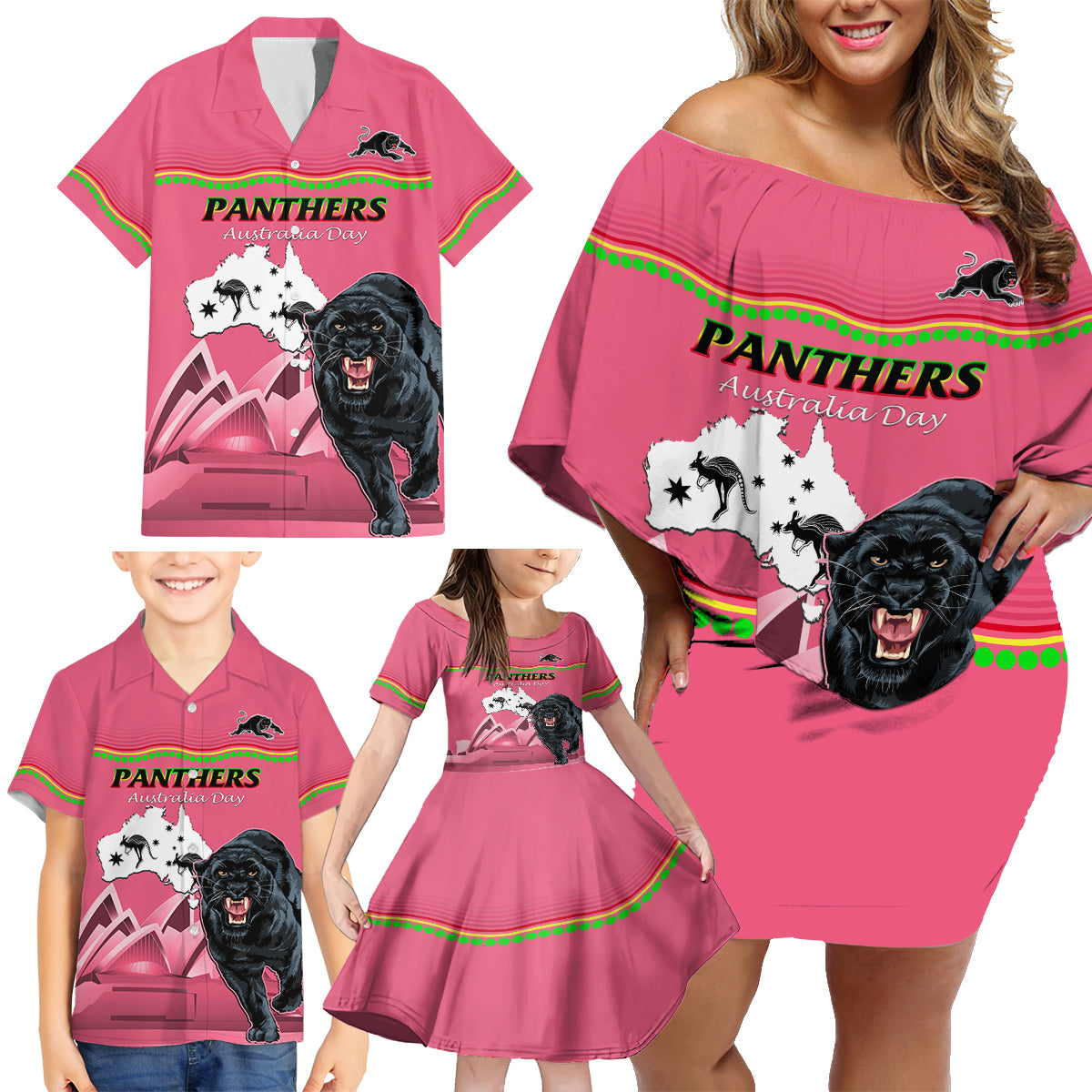 Custom Australia Day Panthers Family Matching Off Shoulder Short Dress and Hawaiian Shirt NRL 2024 Sydney Opera House With Map - Pink