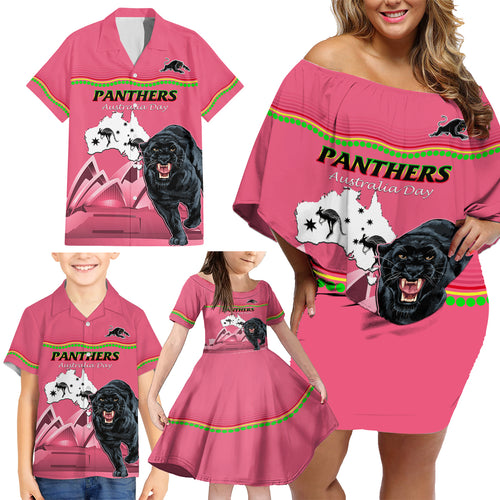 Custom Australia Day Panthers Family Matching Off Shoulder Short Dress and Hawaiian Shirt NRL 2024 Sydney Opera House With Map - Pink