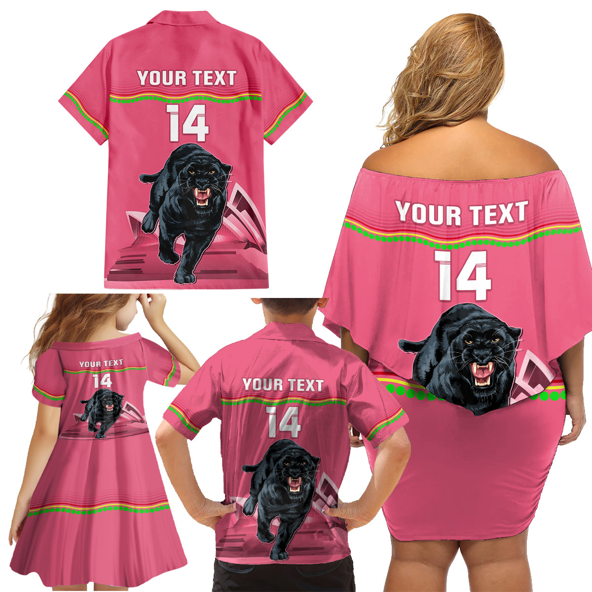 Custom Australia Day Panthers Family Matching Off Shoulder Short Dress and Hawaiian Shirt NRL 2024 Sydney Opera House With Map - Pink