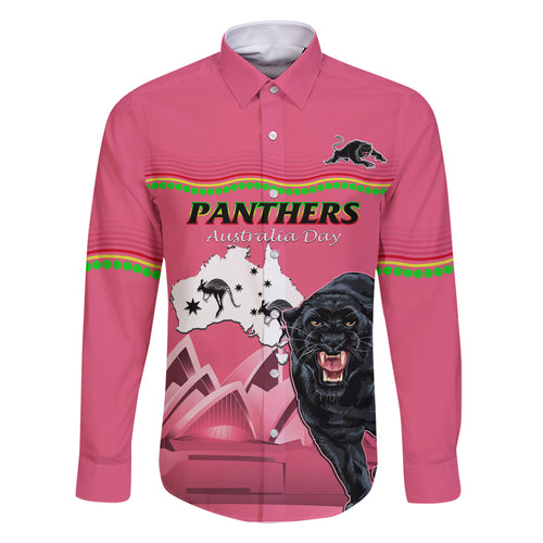 Custom Australia Day Panthers Family Matching Off Shoulder Short Dress and Hawaiian Shirt NRL 2024 Sydney Opera House With Map - Pink