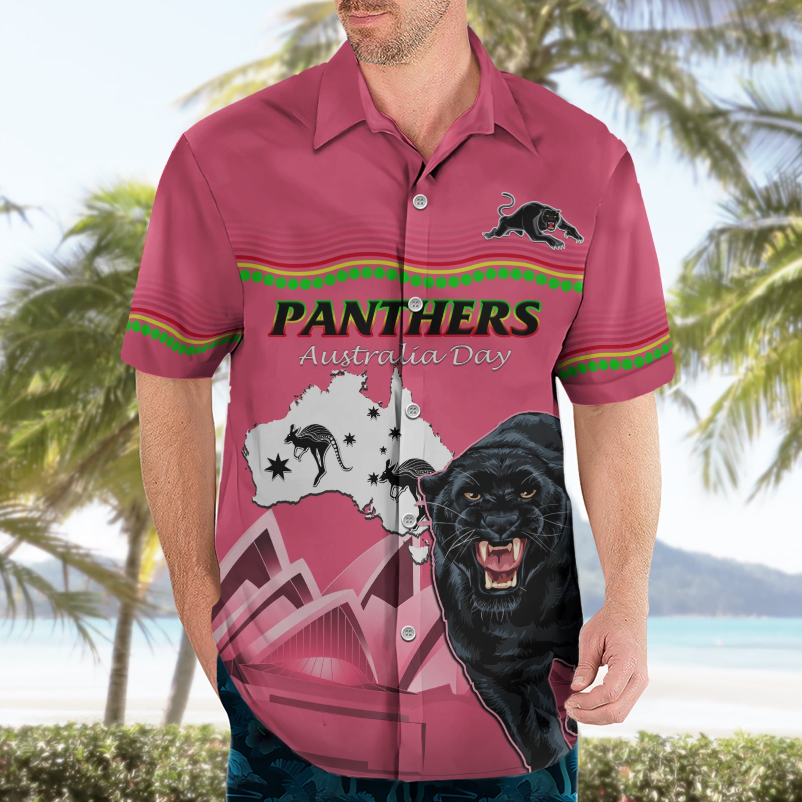 Custom Australia Day Panthers Hawaiian Shirt NRL 2024 Sydney Opera House With Map - Pink