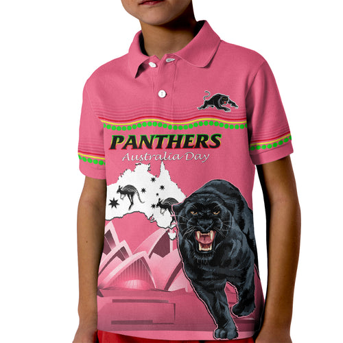 Custom Australia Day Panthers Kid Polo Shirt NRL 2024 Sydney Opera House With Map - Pink
