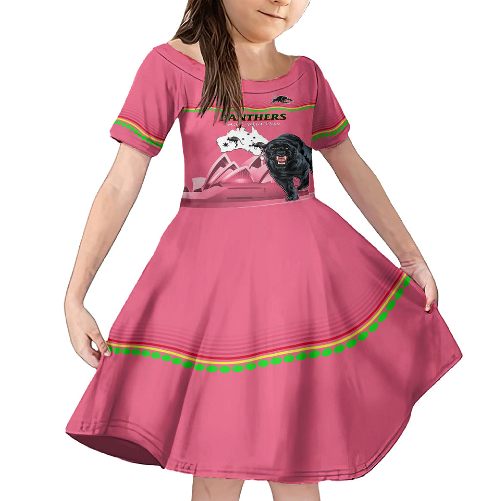 Custom Australia Day Panthers Kid Short Sleeve Dress NRL 2024 Sydney Opera House With Map - Pink
