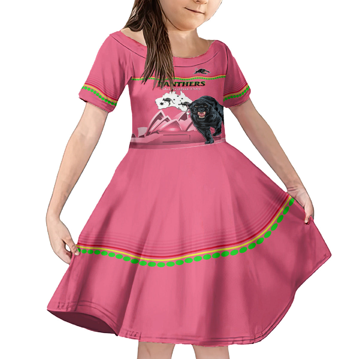 Custom Australia Day Panthers Kid Short Sleeve Dress NRL 2024 Sydney Opera House With Map - Pink