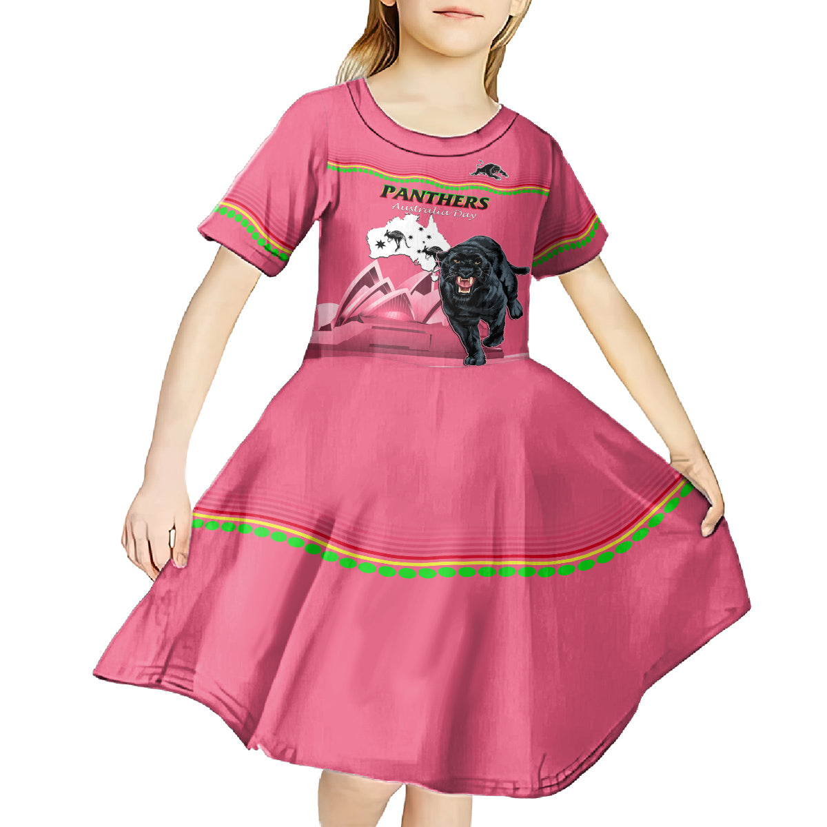 Custom Australia Day Panthers Kid Short Sleeve Dress NRL 2024 Sydney Opera House With Map - Pink