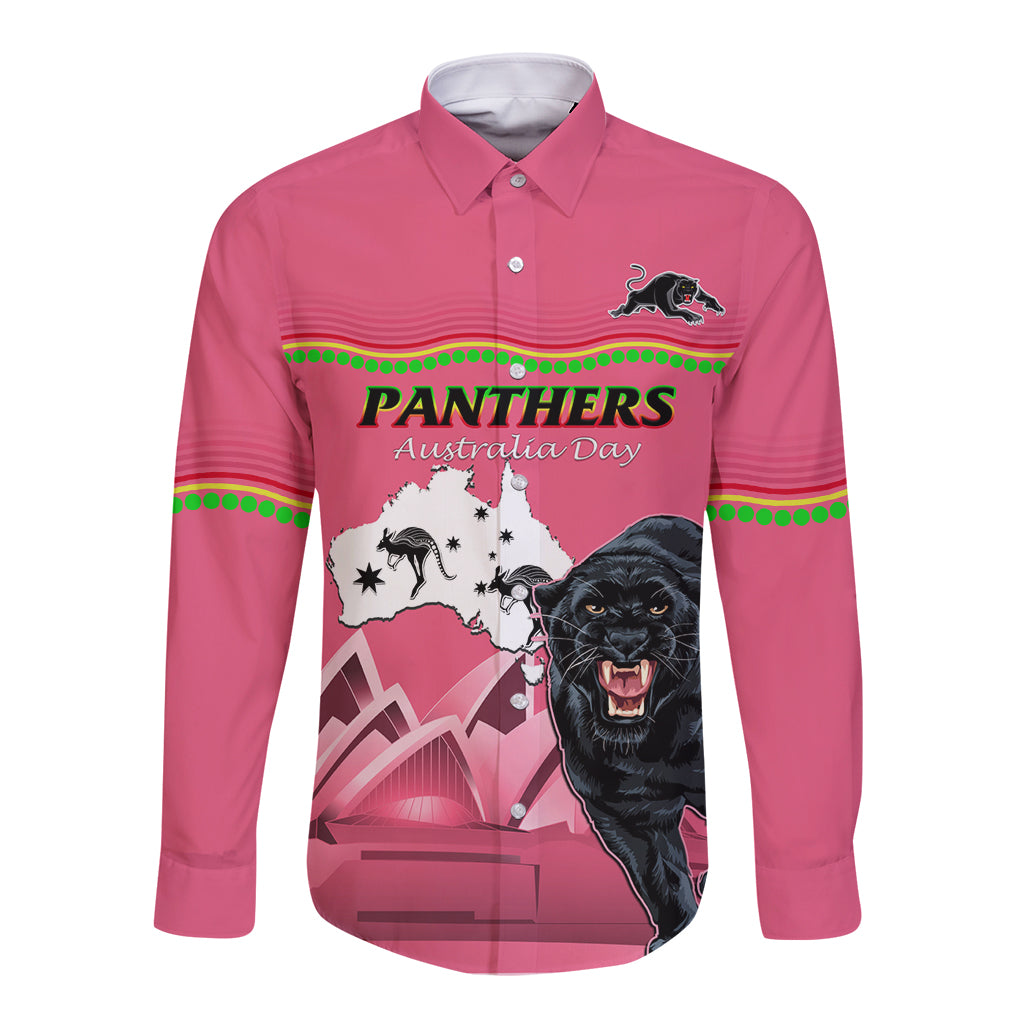 Custom Australia Day Panthers Long Sleeve Button Shirt NRL 2024 Sydney Opera House With Map - Pink