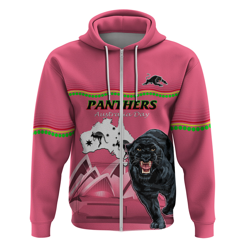 Custom Australia Day Panthers Zip Hoodie NRL 2024 Sydney Opera House With Map - Pink