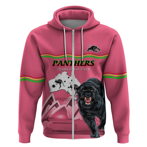 Custom Australia Day Panthers Zip Hoodie NRL 2024 Sydney Opera House With Map - Pink