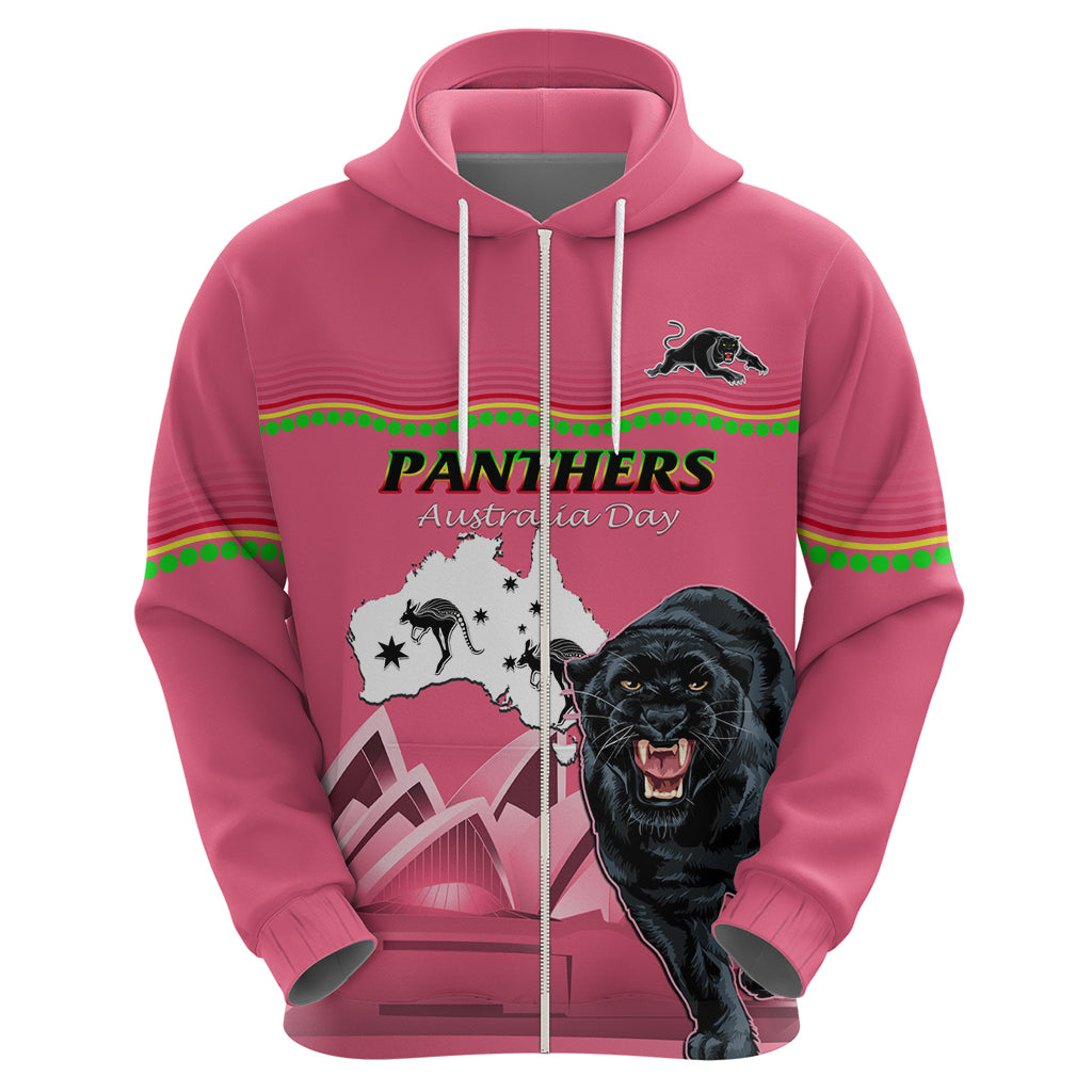 Custom Australia Day Panthers Zip Hoodie NRL 2024 Sydney Opera House With Map - Pink