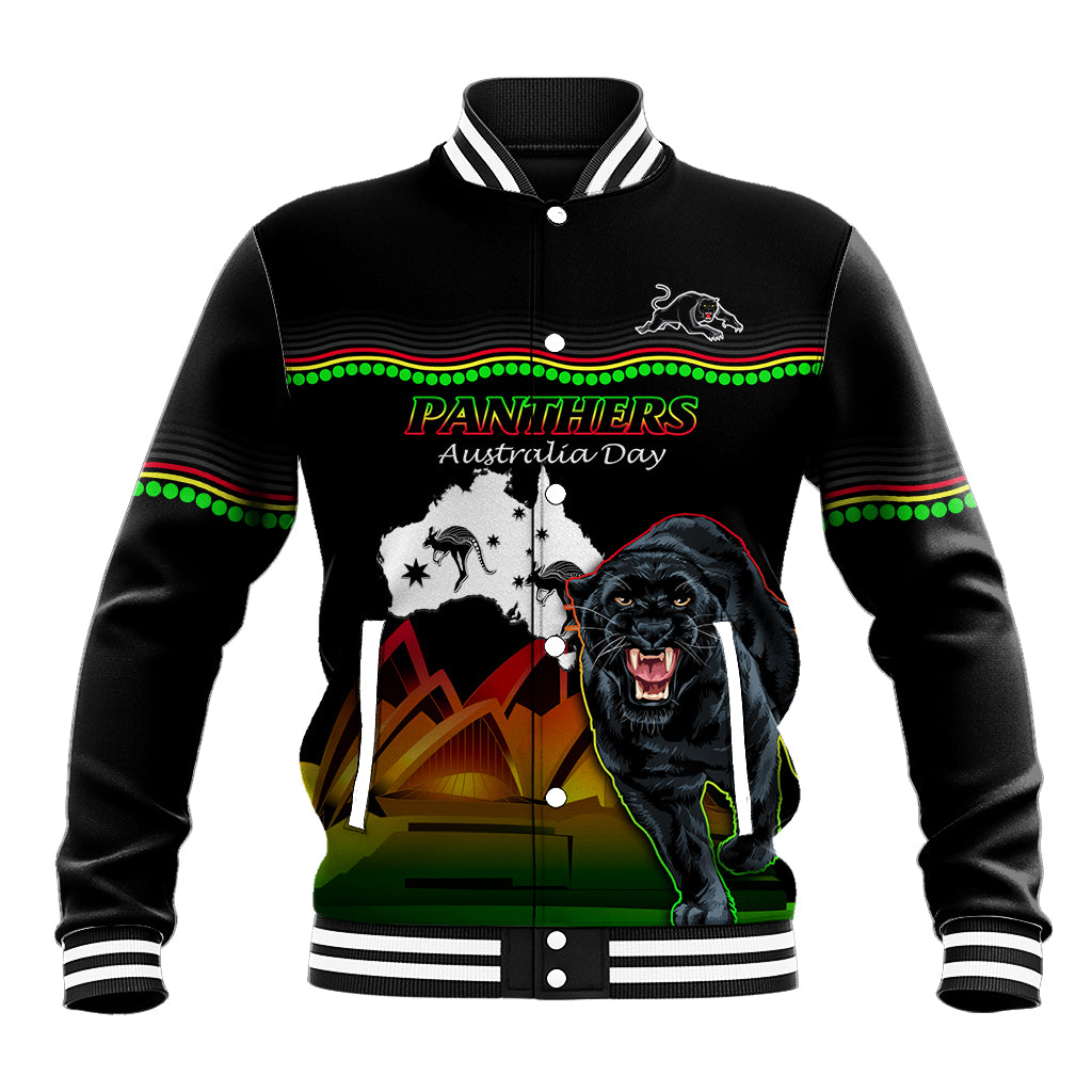 Custom Australia Day Panthers Baseball Jacket NRL 2024 Sydney Opera House With Map - Black