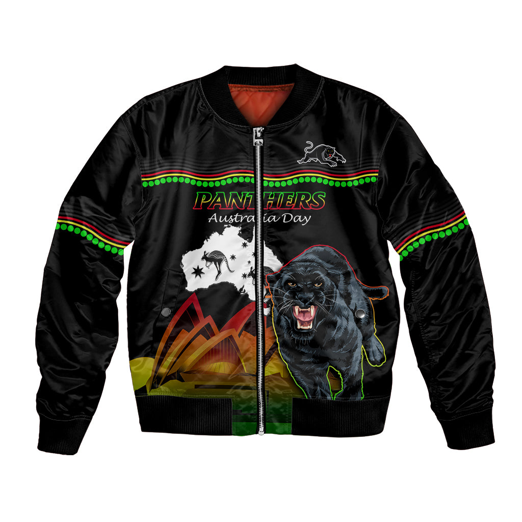Custom Australia Day Panthers Bomber Jacket NRL 2024 Sydney Opera House With Map - Black