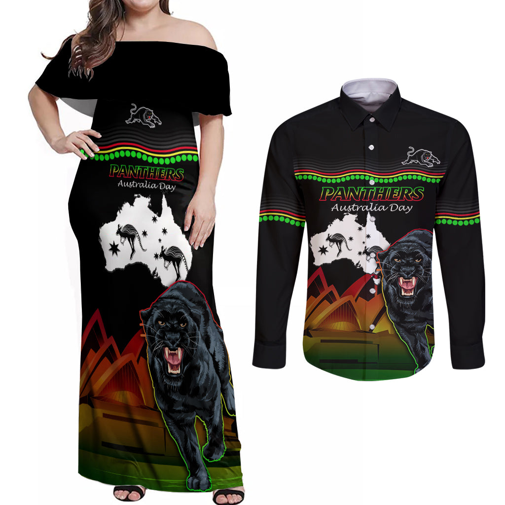 Custom Australia Day Panthers Couples Matching Off Shoulder Maxi Dress and Long Sleeve Button Shirt NRL 2024 Sydney Opera House With Map - Black