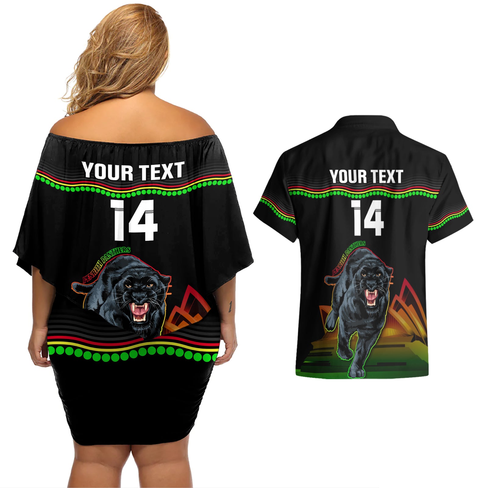 Custom Australia Day Panthers Couples Matching Off Shoulder Short Dress and Hawaiian Shirt NRL 2024 Sydney Opera House With Map - Black