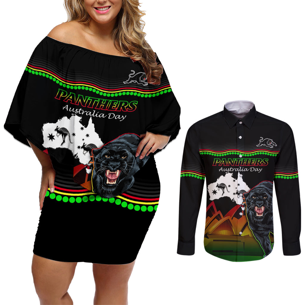 Custom Australia Day Panthers Couples Matching Off Shoulder Short Dress and Long Sleeve Button Shirt NRL 2024 Sydney Opera House With Map - Black