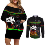 Custom Australia Day Panthers Couples Matching Off Shoulder Short Dress and Long Sleeve Button Shirt NRL 2024 Sydney Opera House With Map - Black