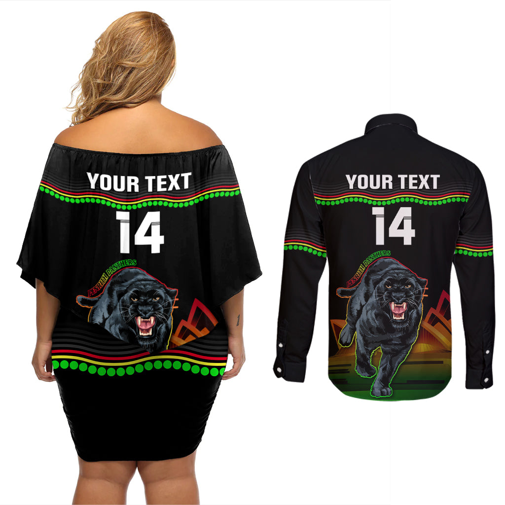 Custom Australia Day Panthers Couples Matching Off Shoulder Short Dress and Long Sleeve Button Shirt NRL 2024 Sydney Opera House With Map - Black
