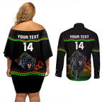Custom Australia Day Panthers Couples Matching Off Shoulder Short Dress and Long Sleeve Button Shirt NRL 2024 Sydney Opera House With Map - Black